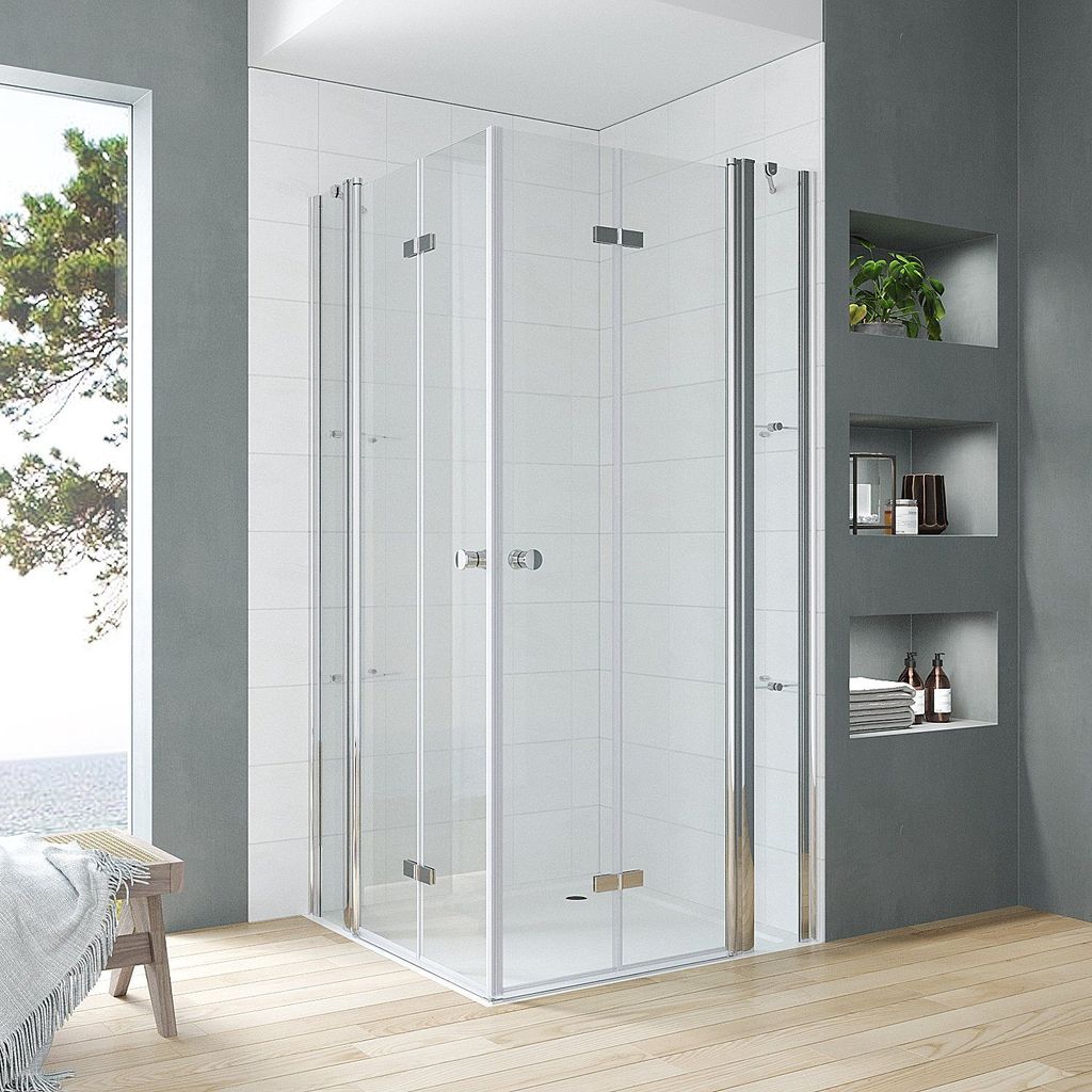 Duschkabine 95x120cm Eckeinstieg aus stabilem ESG Sicherheitsglas Falttür Duschwand Dusche Duschabtrennung Eckdusche Doppeltüren an Festteilen mi...