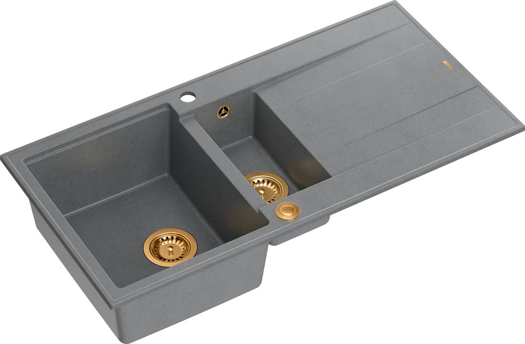QUADRON Spülbecken 1,5-Becken Spüle | Größe: 100 x 50 x 21/16 cm | EVAN 156 | Küchenspüle Granitspüle aus GraniteQ mit Siphon | Grau & Kupfer