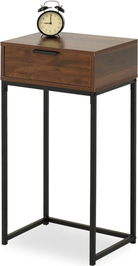 A narrow console table with a walnut-colored top and drawer, supported by black metal legs, is shown against a white background. An alarm clock sits on top of the table.