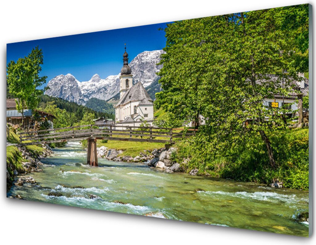 Küchenrückwand aus Glas 100x50cm Spritzschutz Kirche Brücke See Bäume Natur