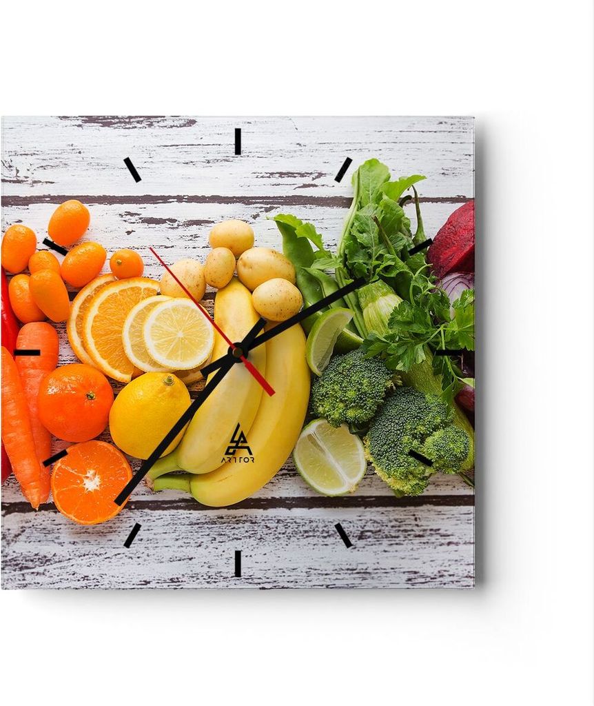 Wanduhr - Quadrat - Glasuhr - Essen Gemüse Essen frisch - 40x40cm - Schleichendes Uhrwerk - Lautlos - zum Aufhängen bereit - Dekoration Modern - ...