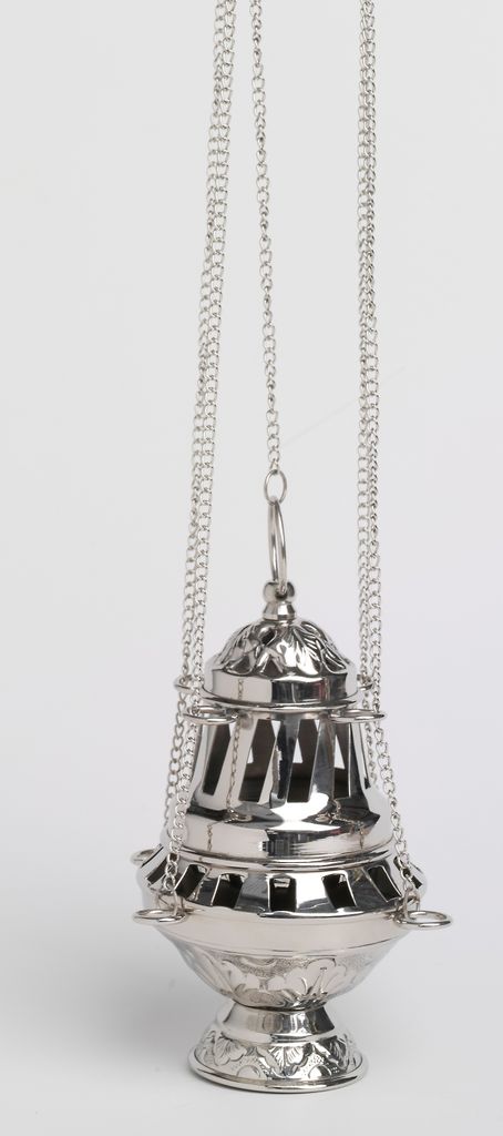 Weihrauchfass mit Kette zum Hängen aus Messing vernickelt Silber Santiago Serie Höhe 16 cm mit Innenschale aus Stahl für die Räucherkohle