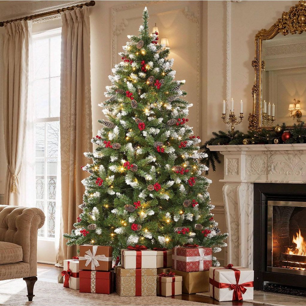 A decorated Christmas tree with presents underneath, in a living room setting with a fireplace and curtains.
