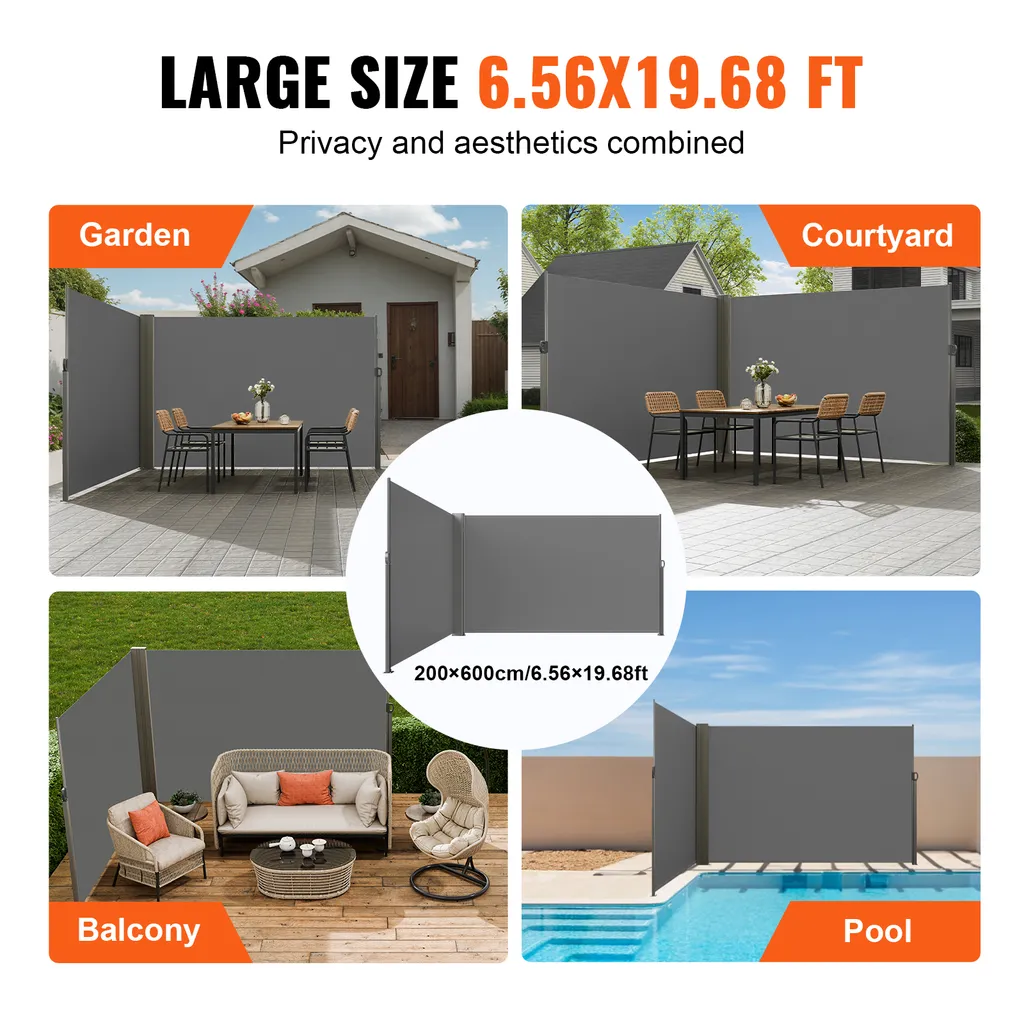 VEVOR Marquise Latérale 200 x 600 cm en Polyester Gris Rétractable - 6
