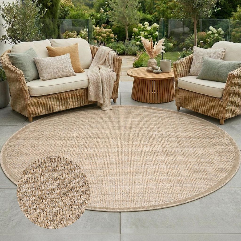 Outdoor Teppich Wetterfest Balkon Terrasse Braun 200 cm Rund - Meliert, Sisal-Optik, Flachgewebe