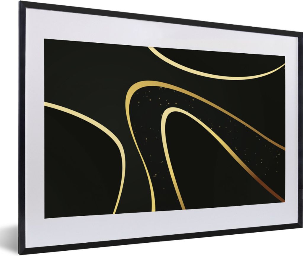 MuchoWow Gerahmtes Poster Goldene Wellen auf schwarzem Hintergrund 60x40 cm - Poster mit Schwarzem Bilderrahmen Wandposter Rahmen Foto Bilder - S...