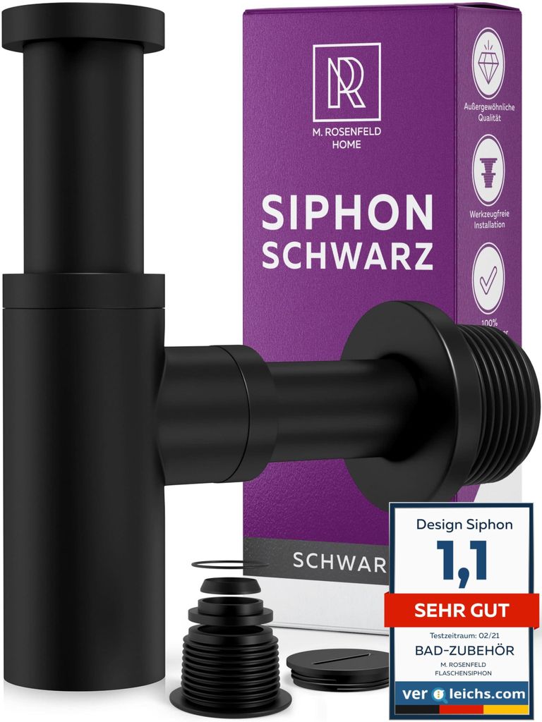 Siphon Schwarz Matt für Waschbecken, Premium Siphon Waschtisch, Messing Wände, Geruchsverschluss inkl. Dichtungen und Reinigungsöffnung, 1 1/4",