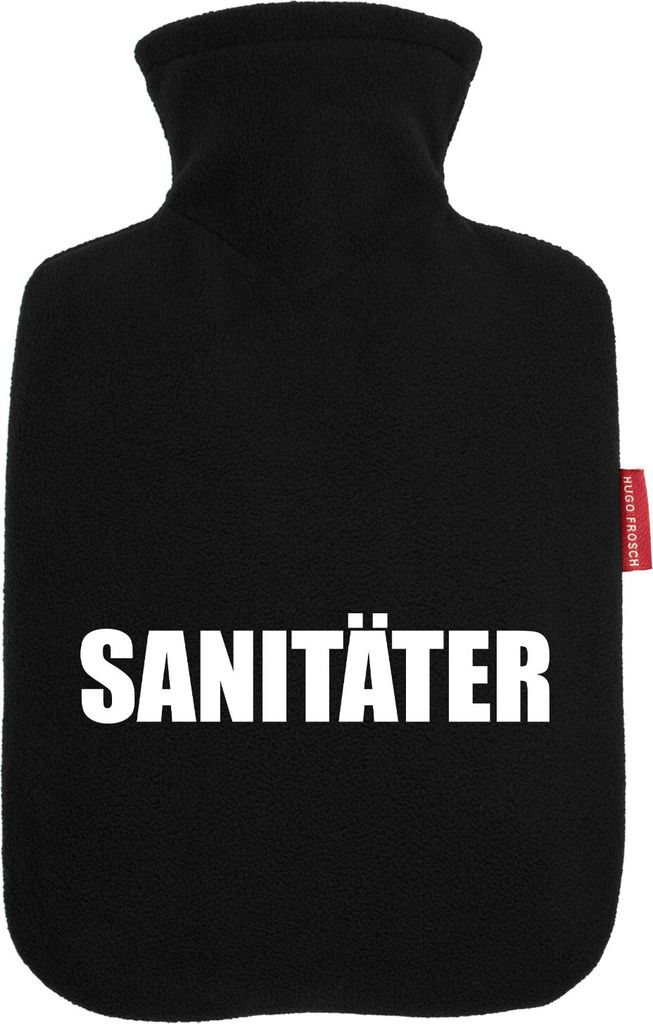 Huuraa Wärmflasche Sanitäter Schriftzug 1,8 Liter Black Classic Veloursbezug Bettflasche Geschenkidee