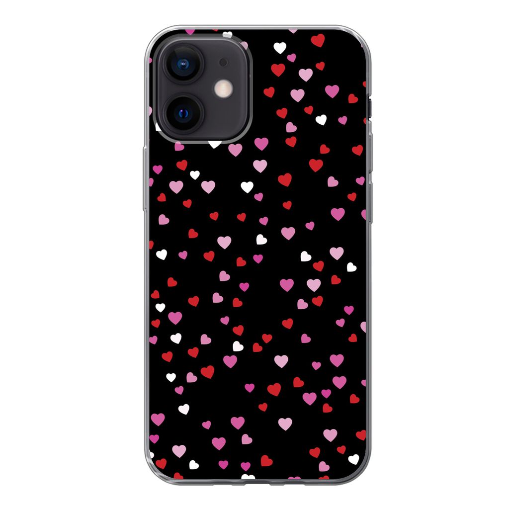 MuchoWow Handyhülle Schutzhülle Hülle für iPhone 12 Eine Illustration mit Herzen auf einem schwarzen Hintergrund Silikon Softcase Handy Hüll...