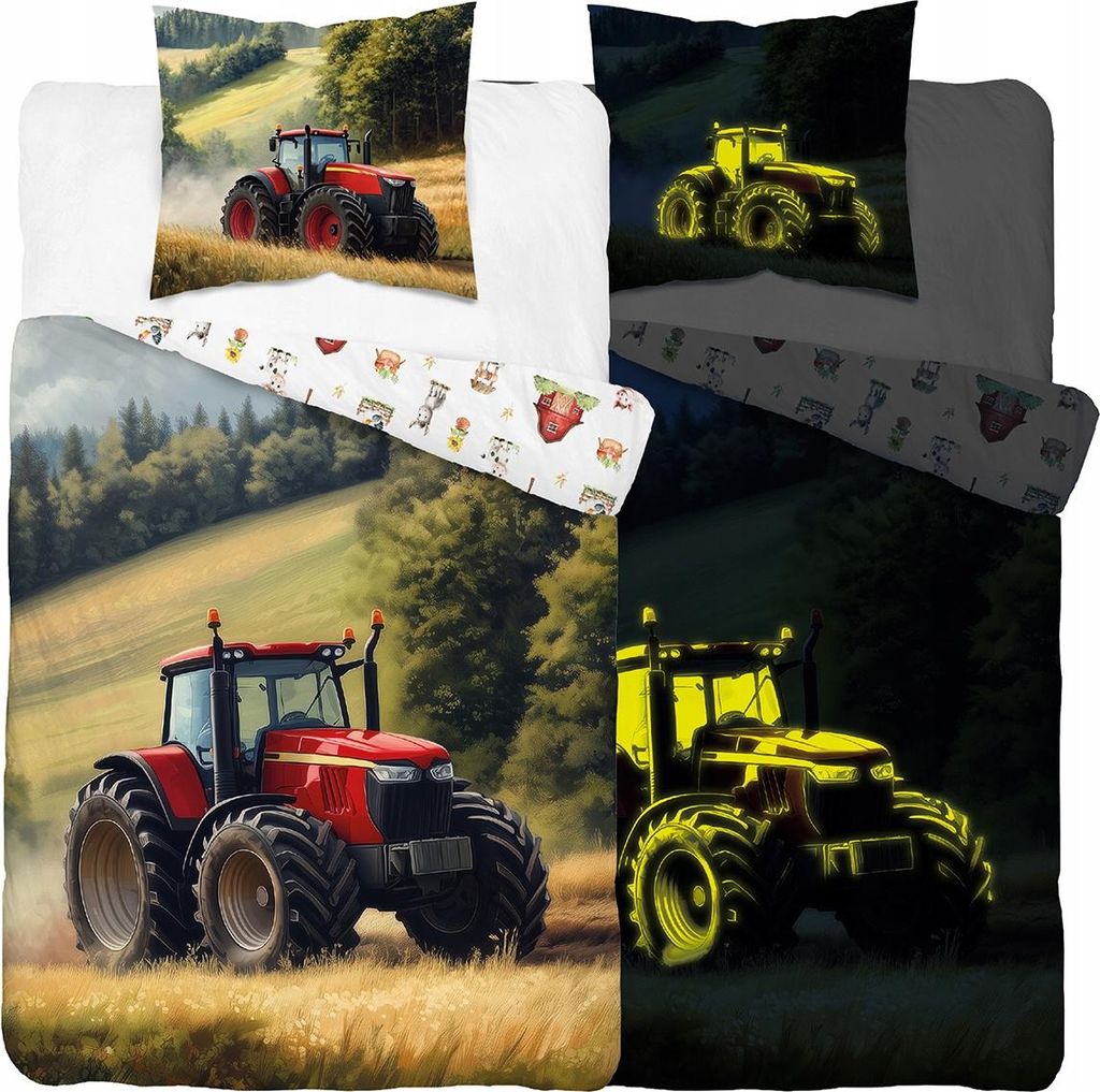 Baumwoll Traktor leuchtet im Dunkeln Bettwäsche Set 140x200 cm 100% Baumwolle Deco4Home FLUO