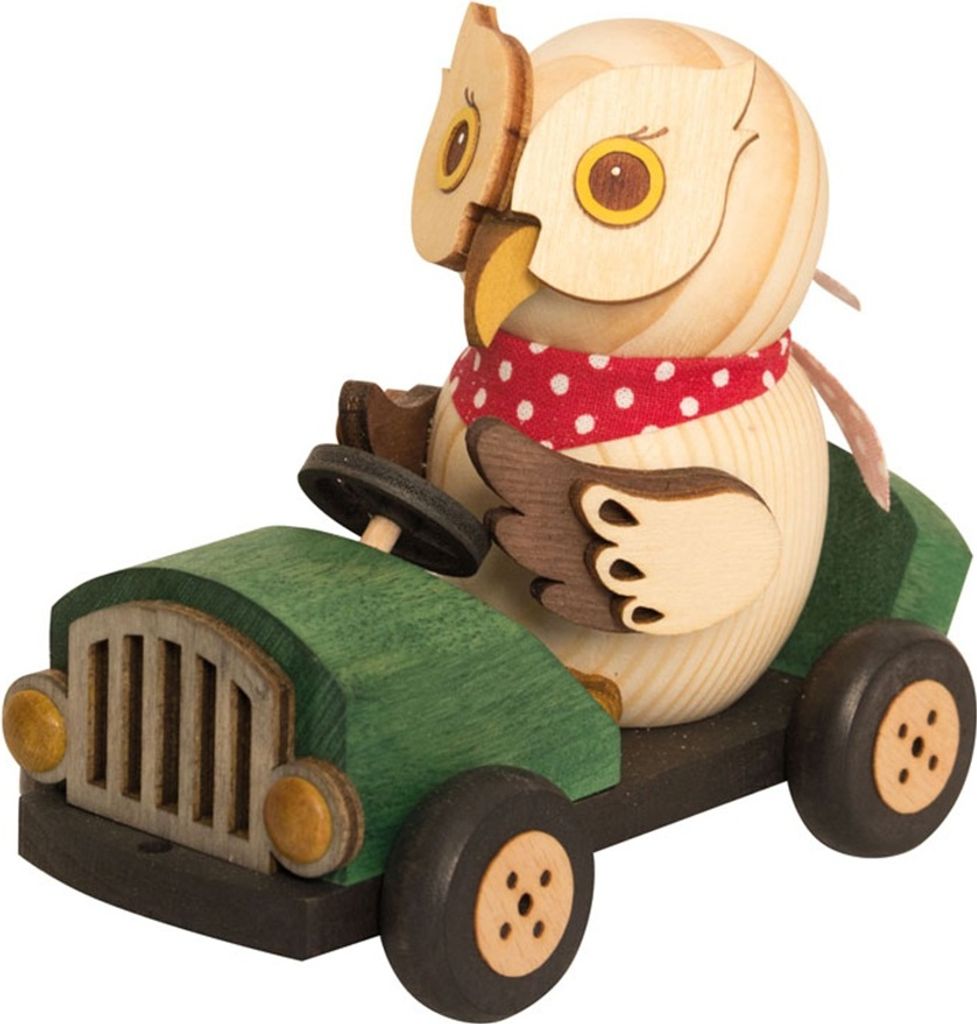 Drechslerei Kuhnert - Mini-Eulen aus Holz - im grünen Flitzer - ca. 8 cm - als Dekoration oder Geschenk geeignet