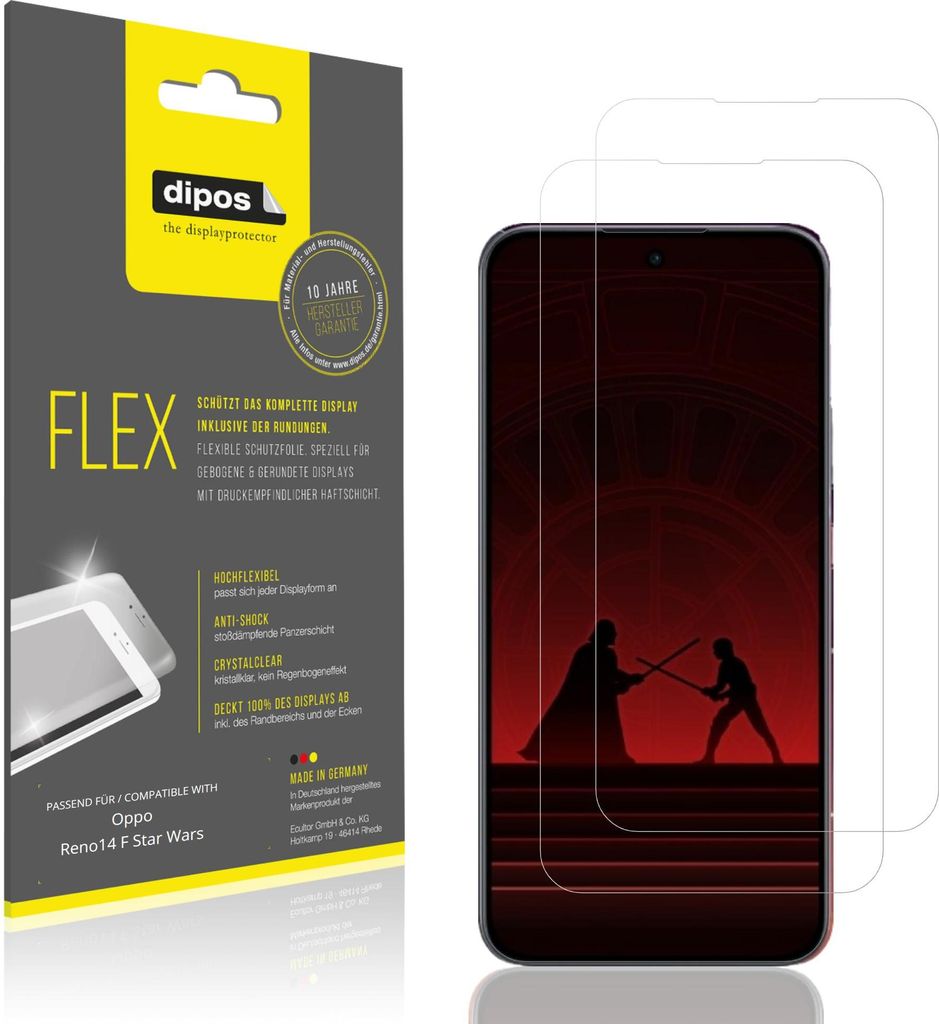2x Schutzfolie für Oppo Reno14 F Star Wars Folie, 100% Displayabdeckung, dipos Flex