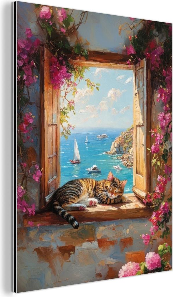 MuchoWow Wanddekoration Metall Metallbild Wandkunst 30x40 cm Katze - Blaues Meer - Rosa Blumen MuchoWow Aluminium Gemälde - Bilder