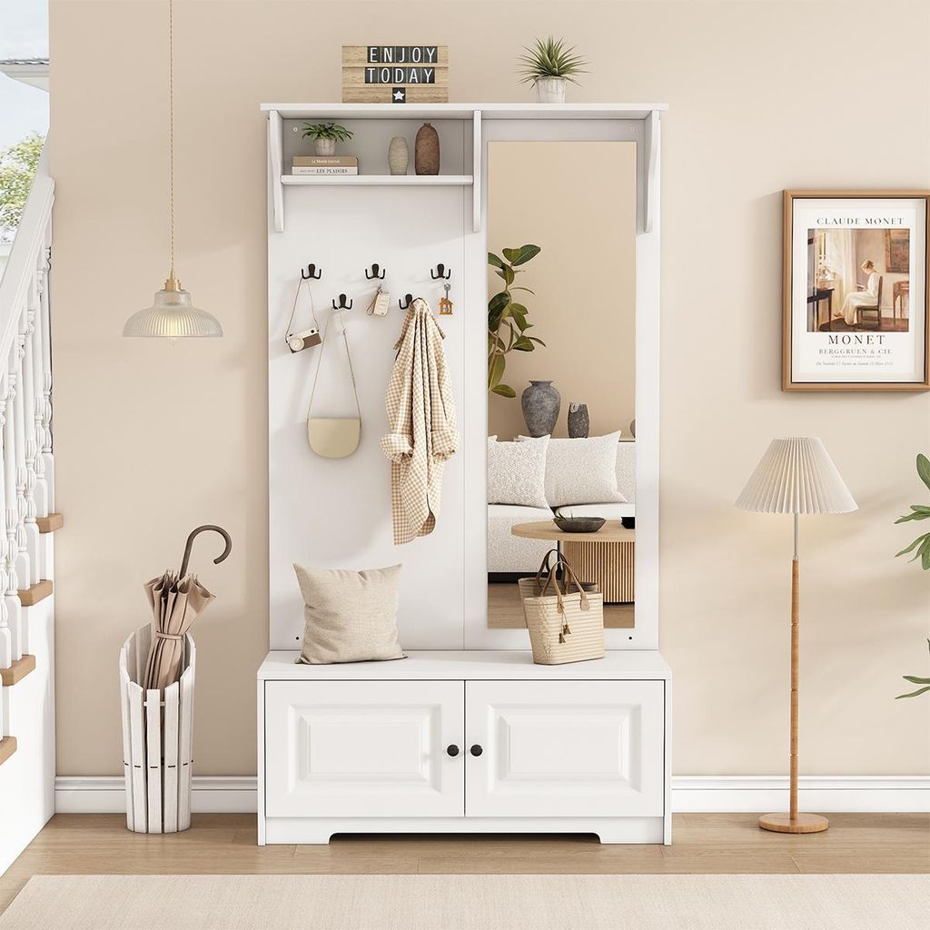 Garderobenset mit Spiegel und Schuhschrank Flurgarderobe Flurmöbel Wandgarderoben-Set 100*40*180cm Weiß