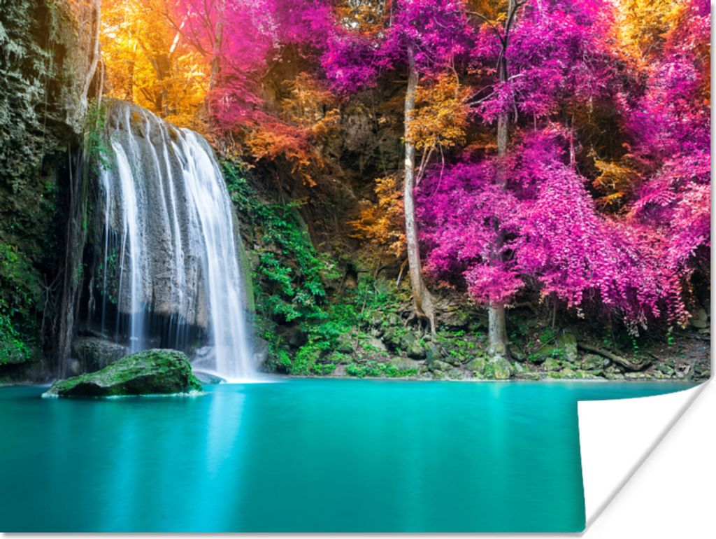 MuchoWow Poster Wasserfall - Bäume - Rosa - Braun - Natur 80x60 cm - Kunst für zu Hause