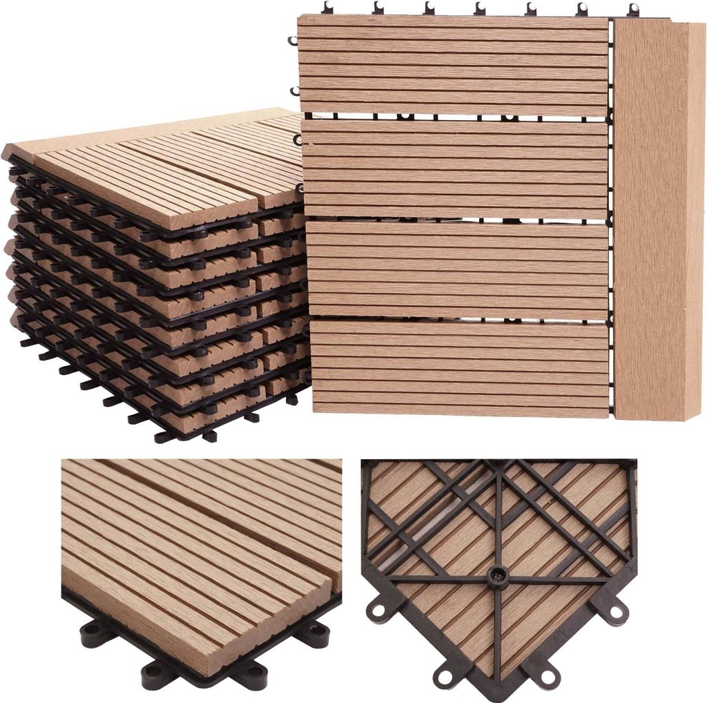 WPC Bodenfliese Rhone + Abschluss, Holzoptik Balkon/Terrasse, 11x je 30x30cm = 1qm Premium teak linear waagrecht