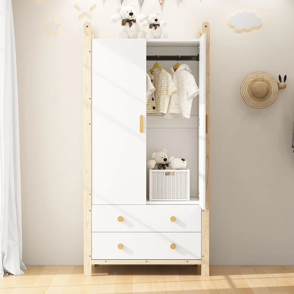 Sweiko Armoire 2 Portes avec Tringle et 2 Tiroirs Blanc et Pin 90x45x180cm