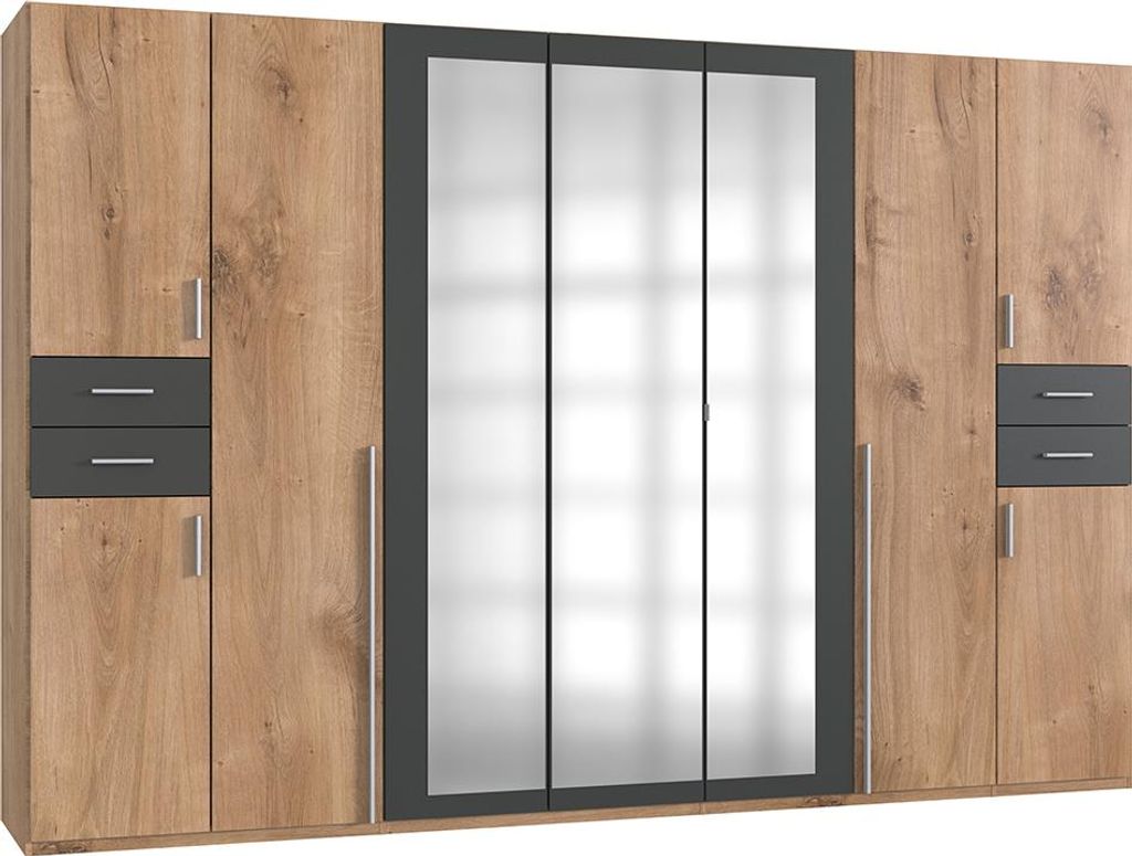 Schlafzimmer Kleiderschrank mit 313 cm Breite in Eiche mit graphit, 9 Türen & 4 Schubladen - VENLO-43