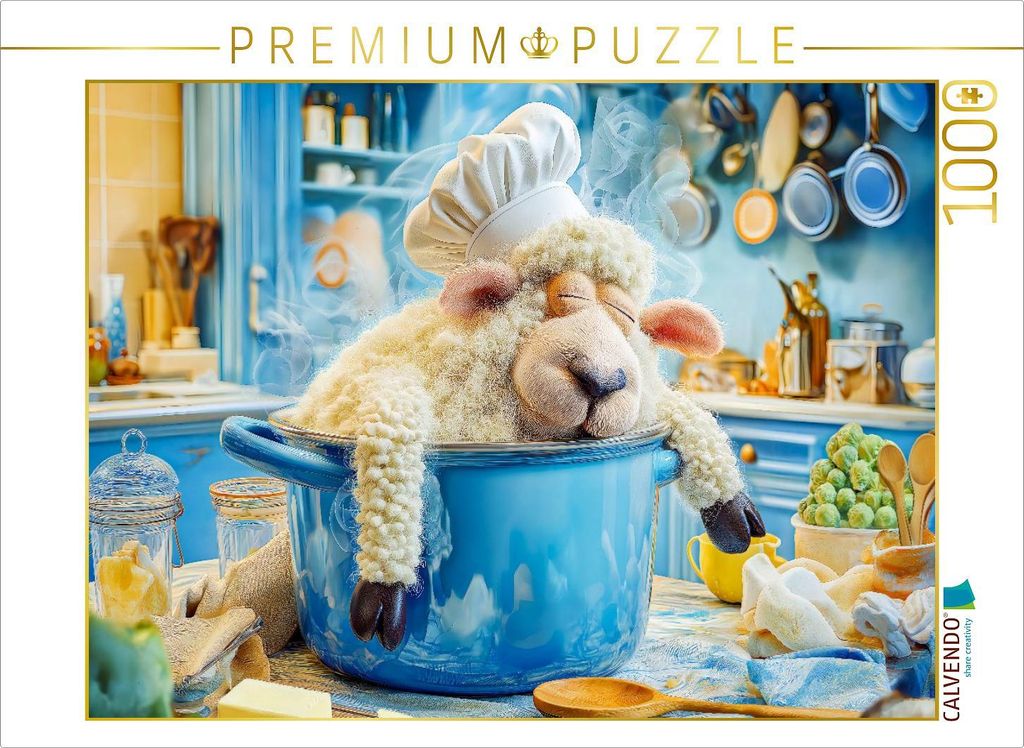 CALVENDO Puzzle Schaf mit Kochmütze schläft im Kochtopf | 1000 Teile Lege-Größe 64x48cm Foto-Puzzle für glückliche Stunden