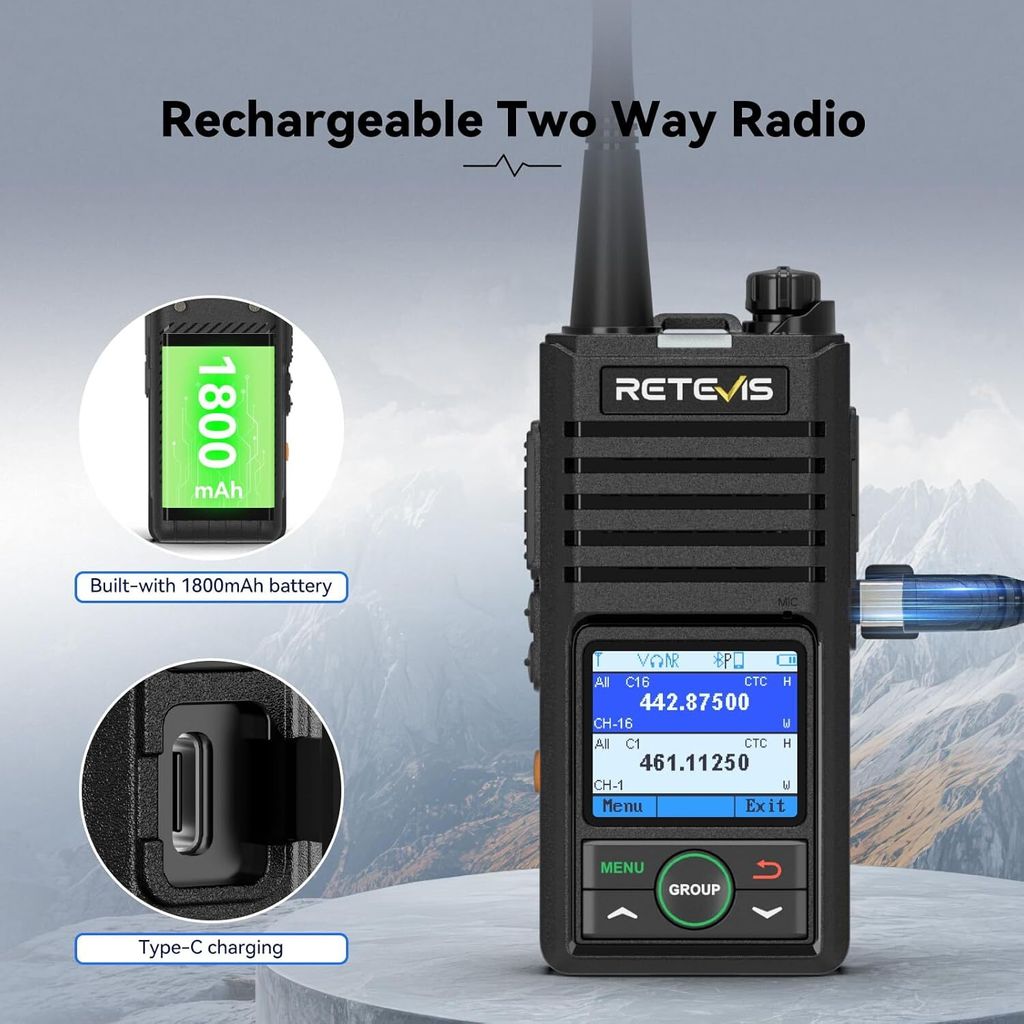 Retevis RB658 Walkie Talkie Professionale Con APP, Bluetooth 5.0, Riduzione Rumore, IP54 E Batteria 1800 MAh – 1 Pezzo Nero
