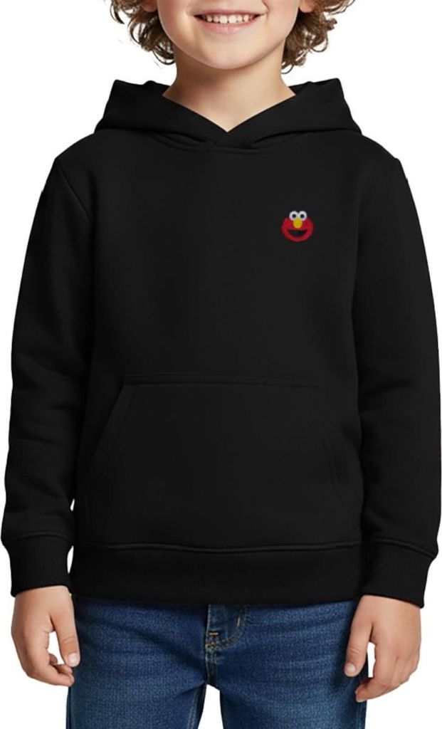 Spreadshirt Sesamstraße Elmo Gesicht Stick Kinder Premium Hoodie, 134/140 (8 Jahre), Schwarz