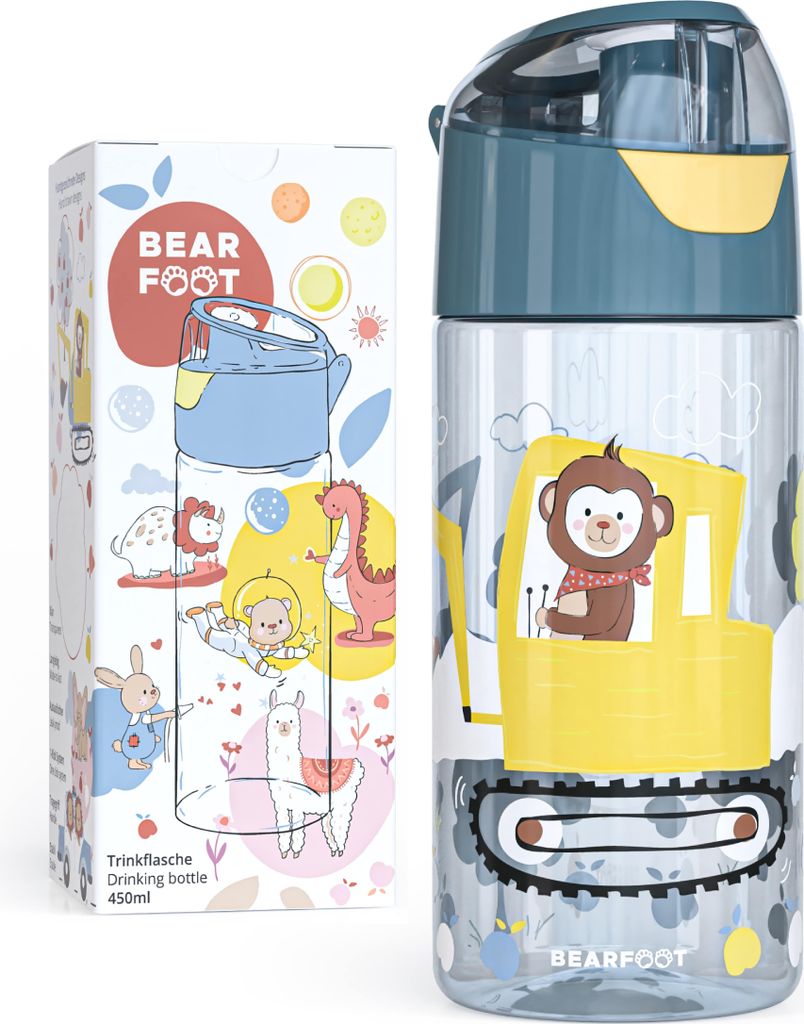 Trinkflasche Kinder 450ml, leichte Tritan Wasserflasche, BPA frei, auslaufsicher, Kohlensäure geeignet, spülmaschinenfest, Jungen, Mädchen - Bagger