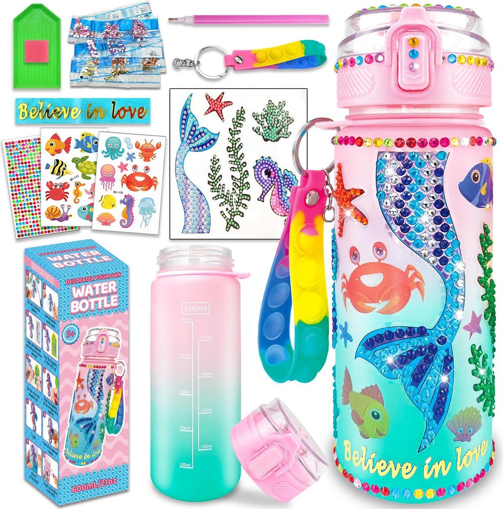 ASKSA Bastelset Kinder ab 6 Jahre, Basteln Maedchen 6 8 10 Jahre Trinkflasche Geschenk Maedchen Meerjungfrau Diamond Painting Kinder Spielzeug ab 4...