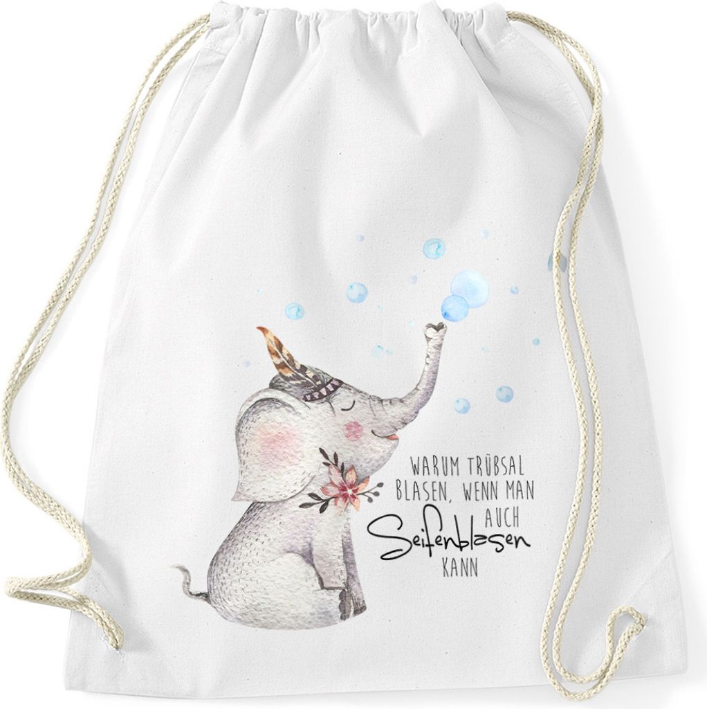Turnbeutel Elefant Spruch Warum Trübsal blasen wenn man auch seifenblasen kann Moonworks weiß unisize