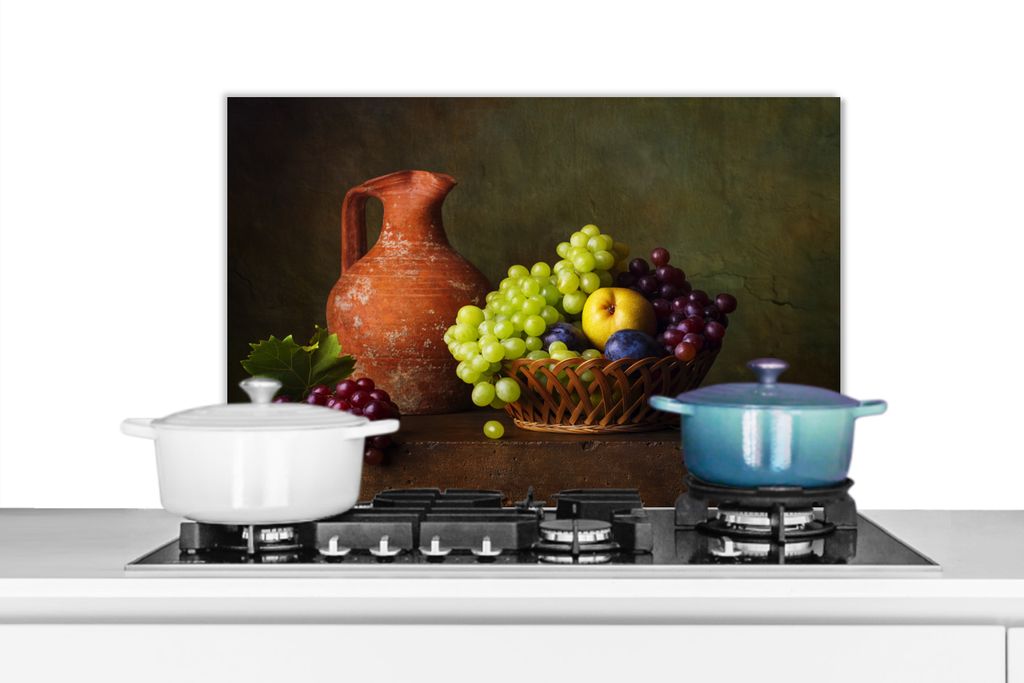 KitchenYeah Spritzschutz Küche - Küchenrückwand - Wandschutz für Herd und Spüle - Rustikal - Obst - Korb - Stilleben 70x50 - Alu-Dibond (Alt...