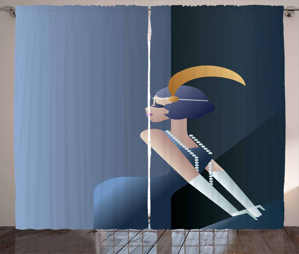 ABAKUHAUS Retro Rustikaler Vorhang, 20s Stil Flapper Lady, Wohnzimmer Universalband Gardinen mit Schlaufen und Haken, 280 x 245 cm, Dunkelblau Blau...
