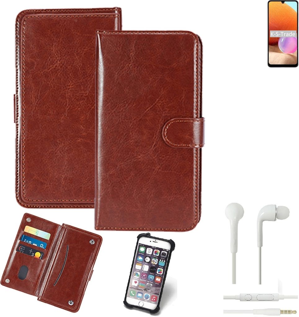 K-S-Trade 360° Hülle kompatibel mit Samsung Galaxy A32 inkl. Headphones braun Kunstleder Case BookCase WalletCase Kunstlederederhülle Handyhülle,