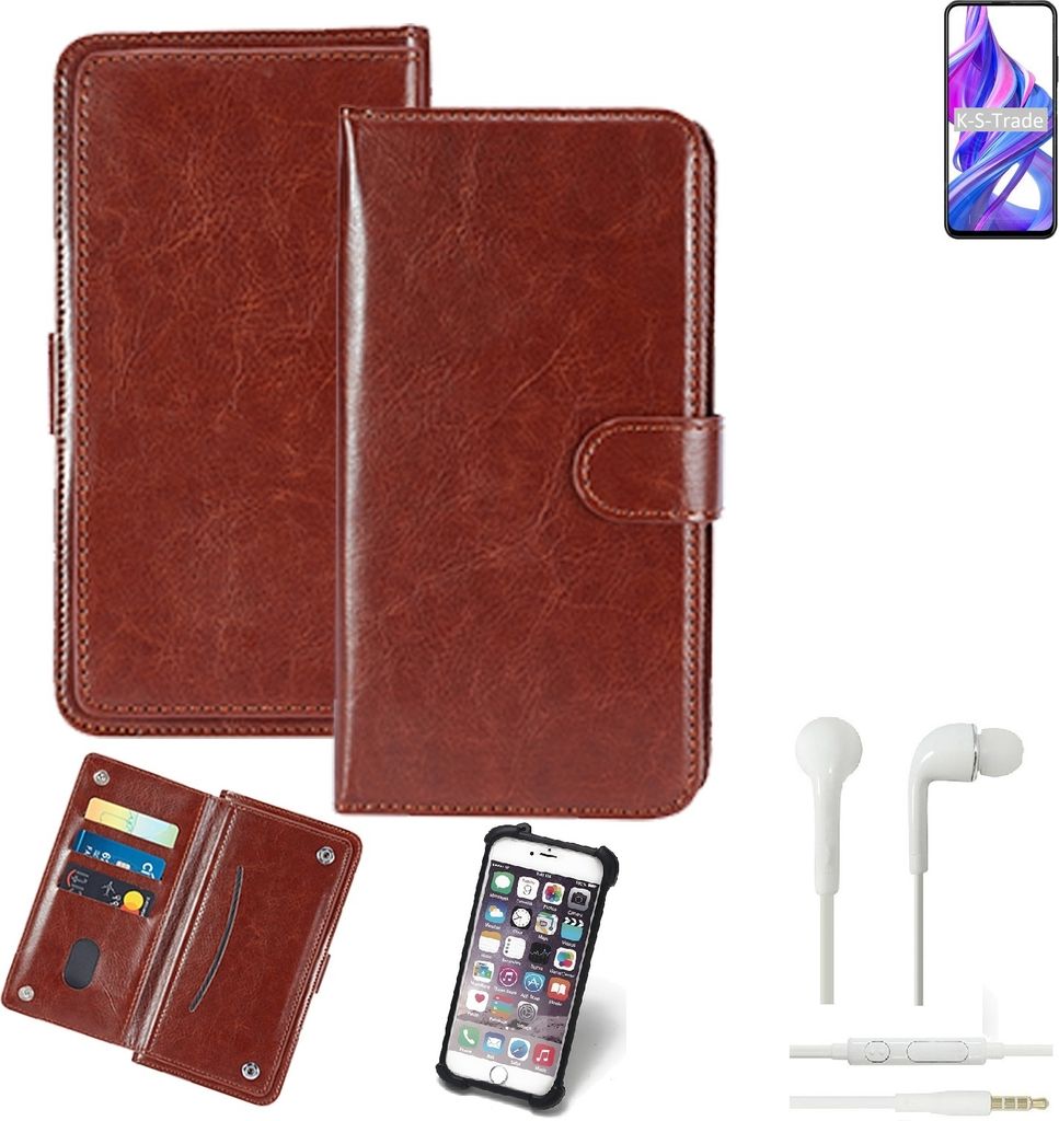 K-S-Trade 360° Hülle kompatibel mit Huawei Honor 9x China inkl. Headphones braun Kunstleder Case BookCase WalletCase Kunstlederederhülle