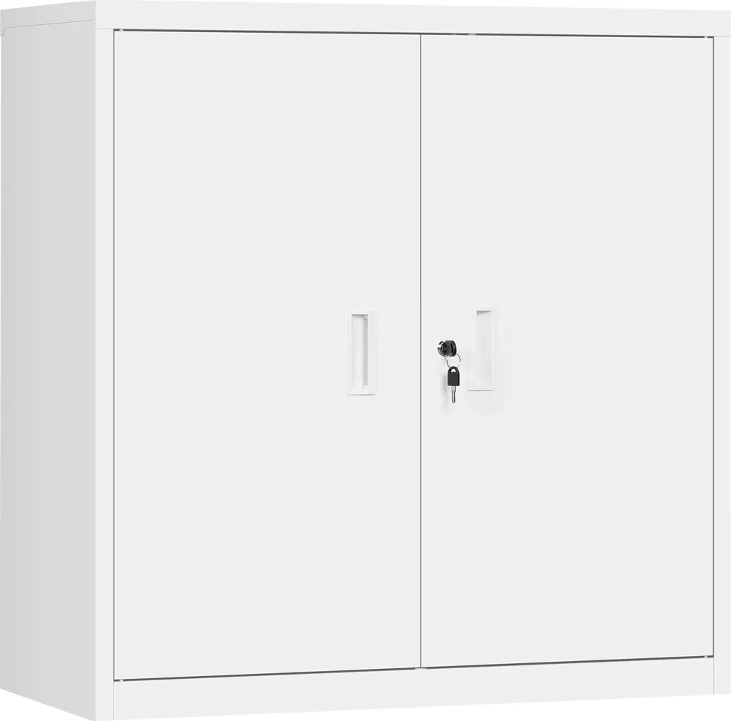 Armoire de bureau basse en métal blanc avec portes battantes et clé
