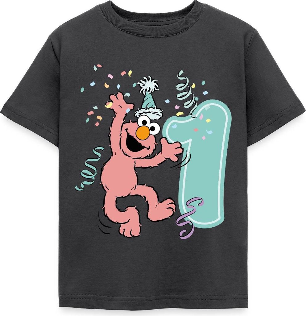 Spreadshirt Sesamstraße Geburtstagdesign Mit Elmo Ein Jahr Kinder T-Shirt, 98/104 (3-4 Jahre), Dunkelgrau