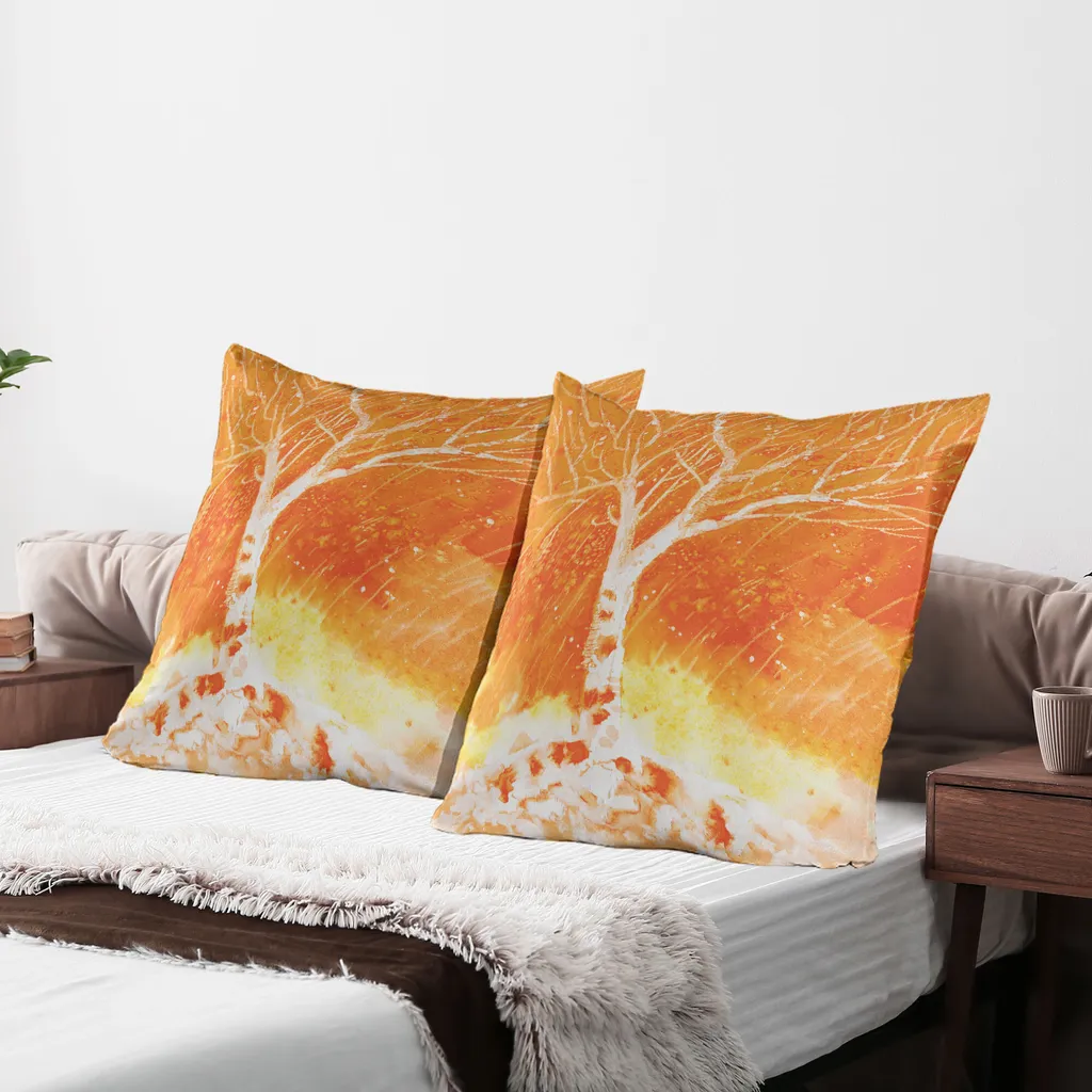 ABAKUHAUS Federa per cuscino Fall-Baum Confezione da 2, Cupo dipinto originale disegnato a mano con betulle e pioggia che cade su uno spazio vitale dai colori nebbiosi, Federa per cuscino decorativa stampata, 80x80 cm, arancione - 3