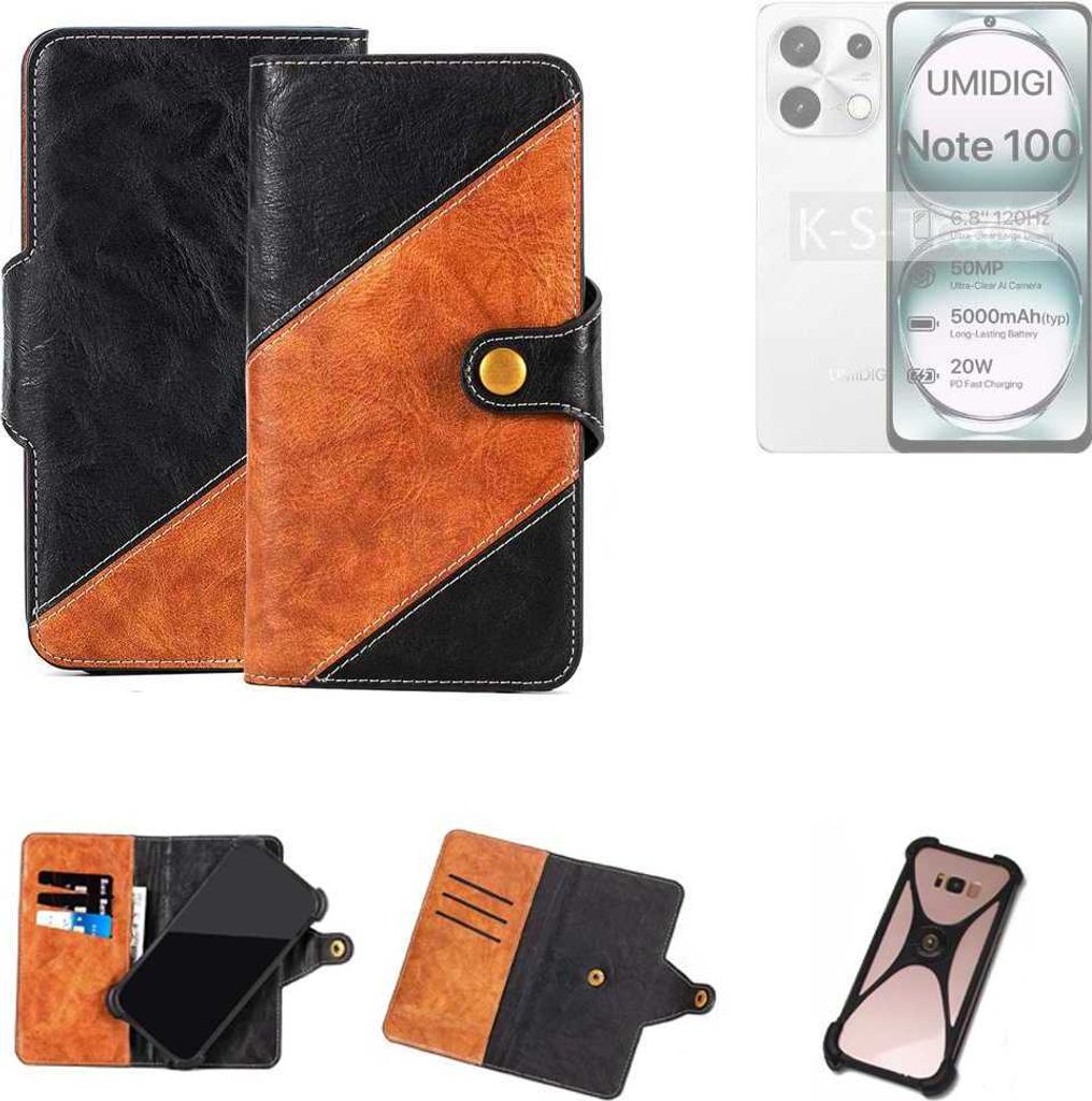 K-S-Trade Handyhülle Schutzhülle Bookstyle Case Wallet-Case kompatibel mit UMIDIGI Note 100 5G Handy Cover Bumper Klapphülle schwarz hellbraun 1x
