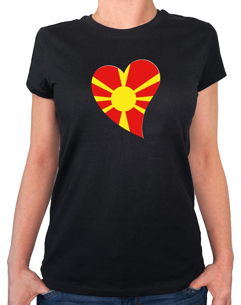 Huuraa Damen T-Shirt Mazedonien Flagge Herz L Black Bio Baumwolle Fairtrade Damenshirt Geschenkidee