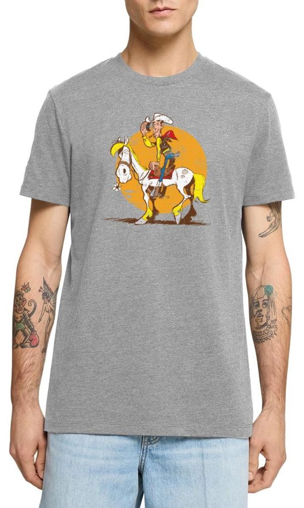 Spreadshirt Lucky Luke Jolly Jumper im Sonnenuntergang Männer Premium T-Shirt, XL, Grau meliert