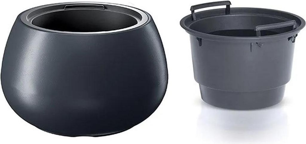 A dark gray planter and a dark gray bucket are shown side-by-side against a white background.