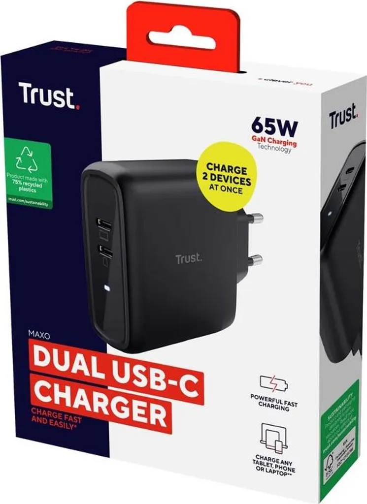 Chargeur Rapide Trust Maxo 65W PD 3.0 Noir - Double Sortie USB-C Compacte - 5