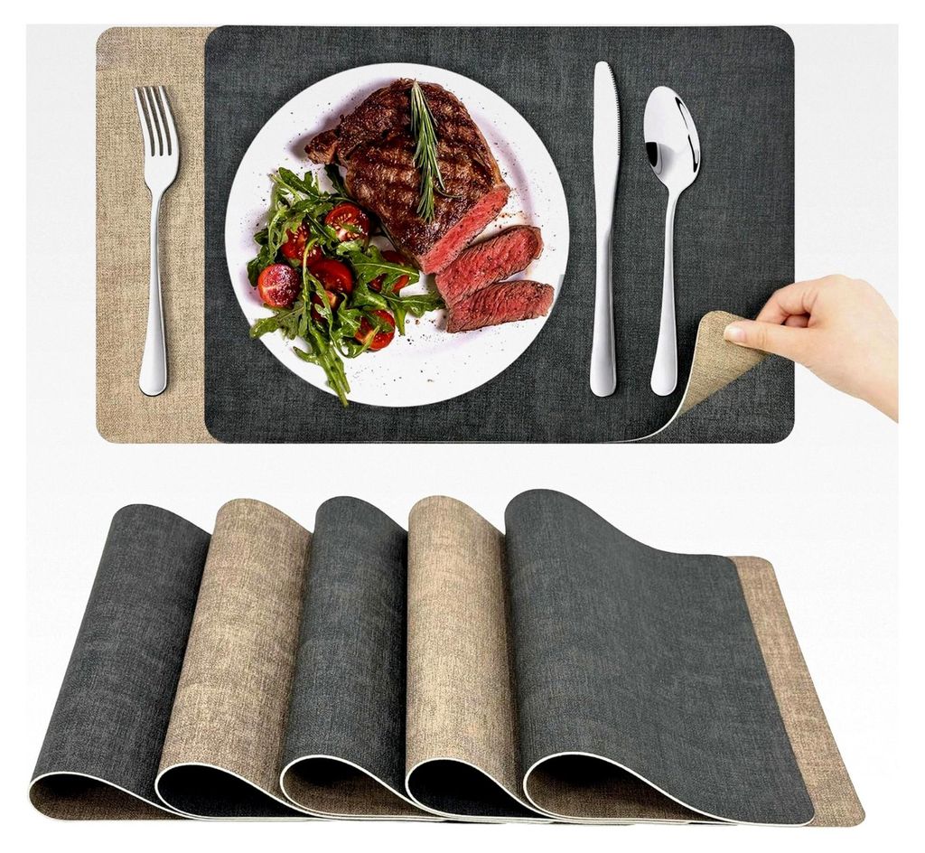 Abwaschbare Platzsets: 6er Set Tischsets in Grau und Aprikose, hitzebeständig, rutschfest, doppelseitig, 43x30cm, 10x10cm