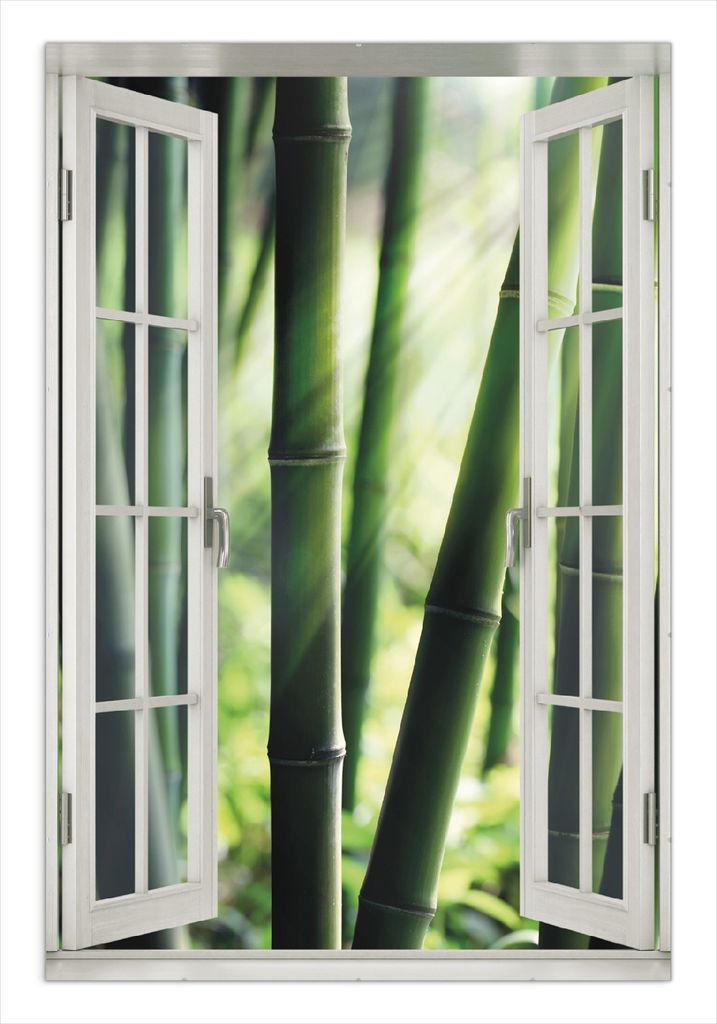 Wallario Wandbild mit Fenster-Illusion: Bambuswald und Sonnenstrahlen, Größe: 61 x 91,5 cm, Poster mit rahmenlosen Bildhalter
