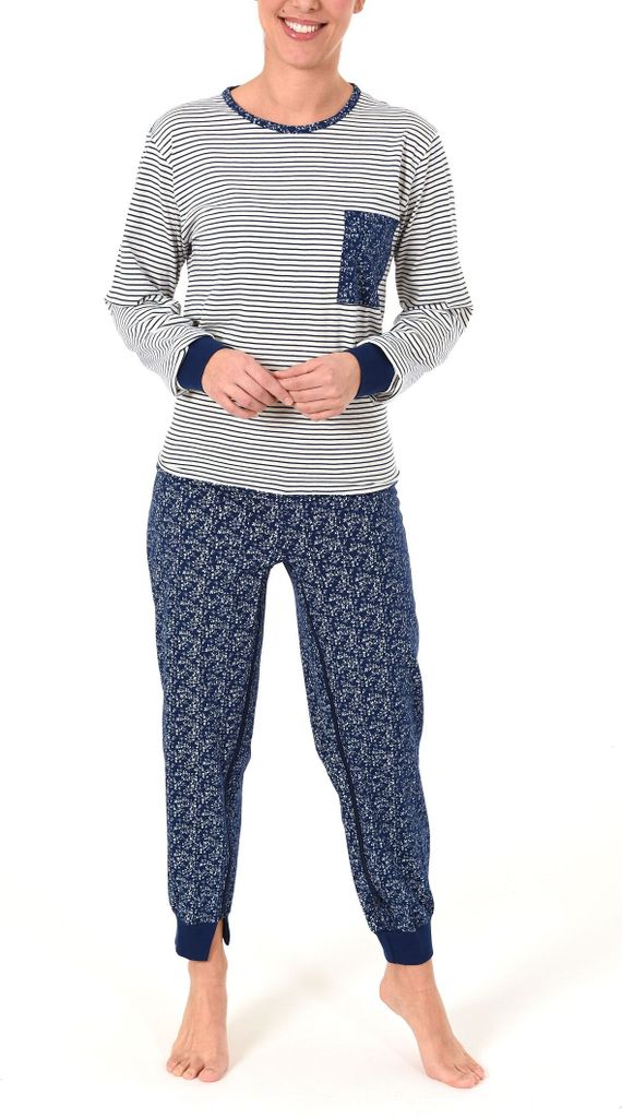 Damen Pflegeoverall langarm mit Reissverschluss am Rücken und am Bein ; Ringel creme , M