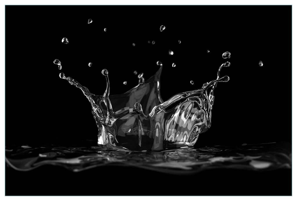 Wallario Küchenrückwand aus Glas, Größe: 90 x 60 cm, Motiv: Aufspritzendes Wasser Schwarz-Weiß | Spritzschutz | abwischbar | pflegeleicht | in