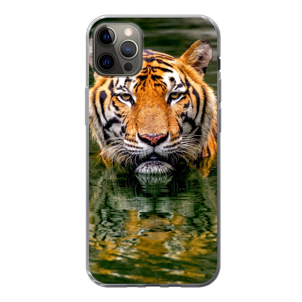 MuchoWow Handyhülle Schutzhülle Hülle für iPhone 12 Pro Max Tiger - Wasser - Spiegelung Silikon Softcase Handy Hülle - Hartschale