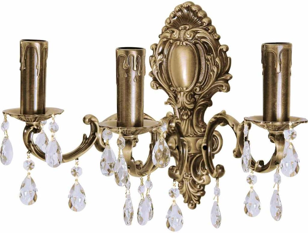 Wandlampe Messing E14 39 cm breit Kristall in Bronze hell glänzend 3-flammig Jugendstil