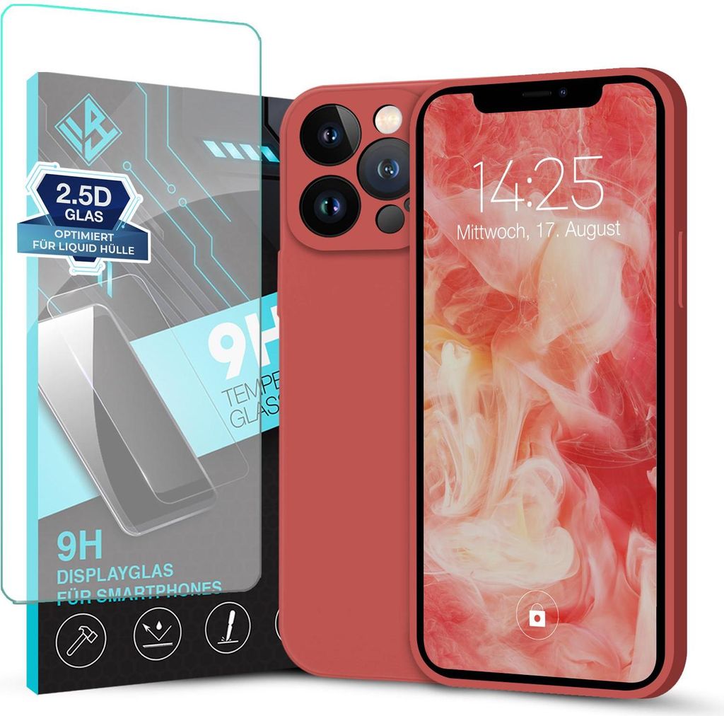 Hülle für Apple iPhone 12 Pro Max mit 9H Displayglas Displayschutz Plus Case Cover Bumper Silikon Softgrip Schutzhülle Farbe: Rot