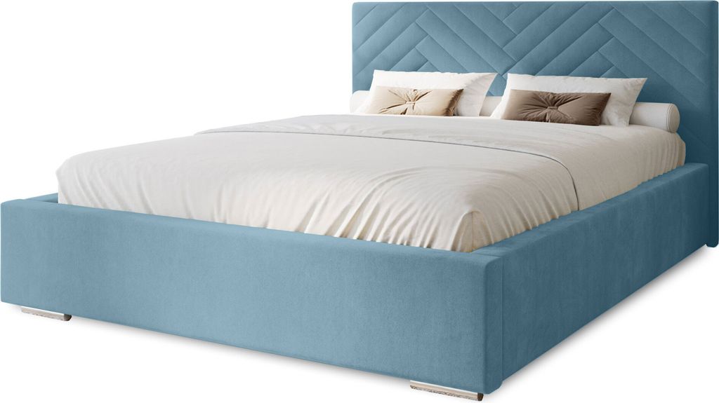 Polsterbett Aura 180x200 cm, Bett mit Kopfteil, Doppelbett mit Bettkasten, Lattenrost und Matratze aus Holz, Velourstoff: Hellblau