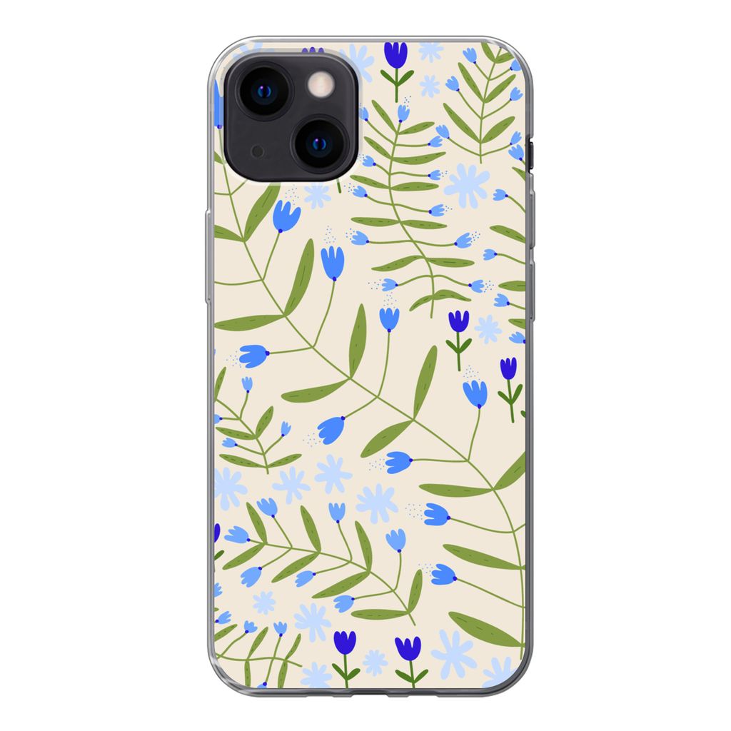 MuchoWow Handyhülle Schutzhülle Hülle für iPhone 13 Blume - Blätter - Blau Silikon Softcase Handy Hülle - Karteninhaber