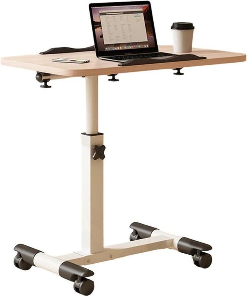 Überbett-Tisch - Laptop-Tisch - Höhenverstellbar - Kippbare Tischplatte - Mit Rollen - Klappbar - Edelstahl - Rechteckig - Holzoptik